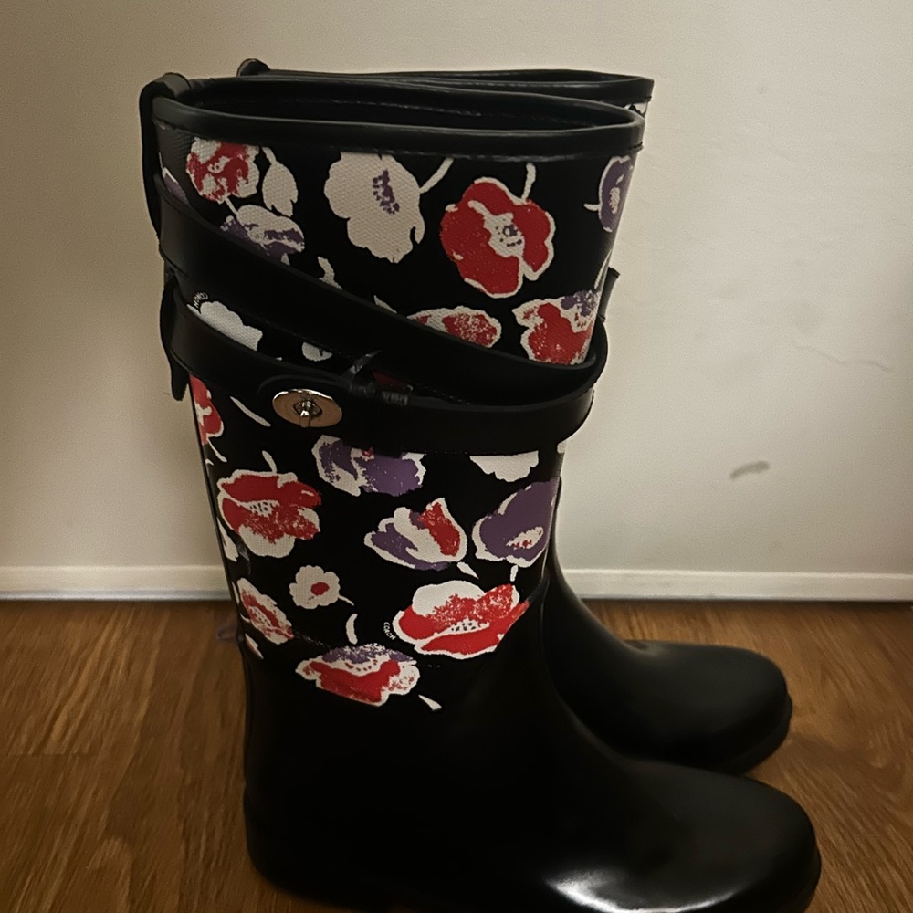 Coach Black Floral Rain Boots